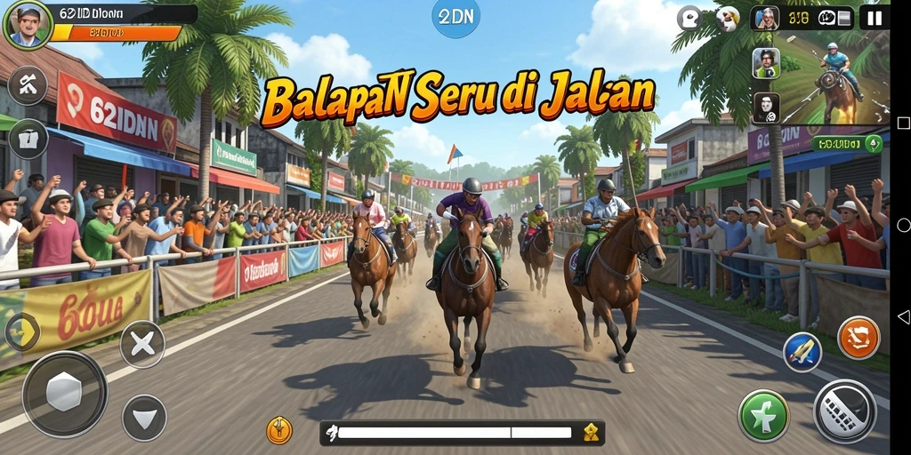 Tangkapan layar gameplay 62IDN menampilkan balapan seru dengan mobil cepat.