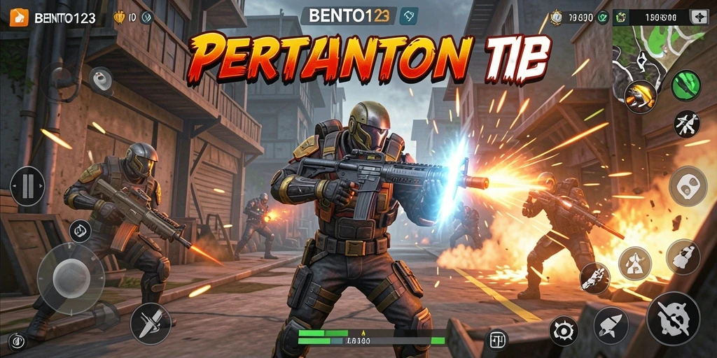 Screenshot utama BENTO123 menampilkan aksi intens dalam pertempuran TPS.