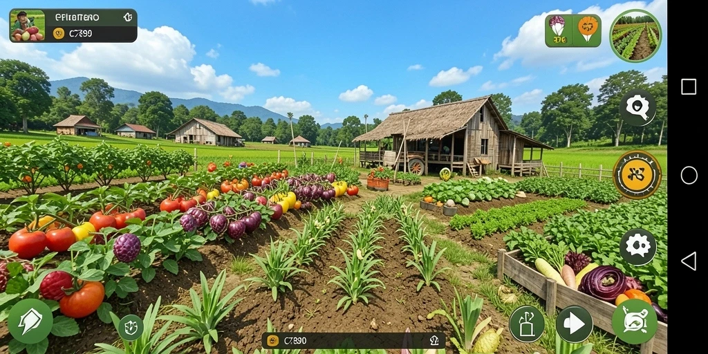 Tangkapan layar gameplay C7890 yang menampilkan aktivitas pertanian.