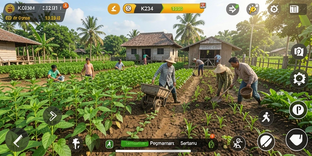 Tangkapan layar K234 menampilkan ladang hijau subur dan aktivitas bertani yang seru.