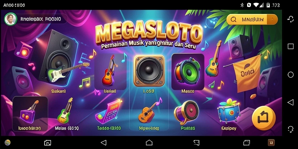 Screenshot gameplay MEGASLOTO menampilkan pemain menikmati musik.