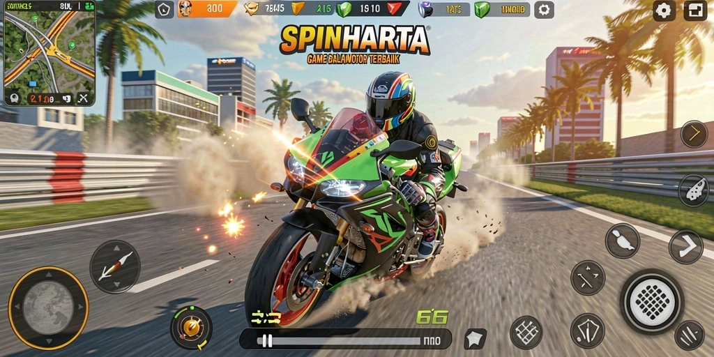 Tampilan gameplay SPINHARTA dengan motor balap dan trek yang menantang.